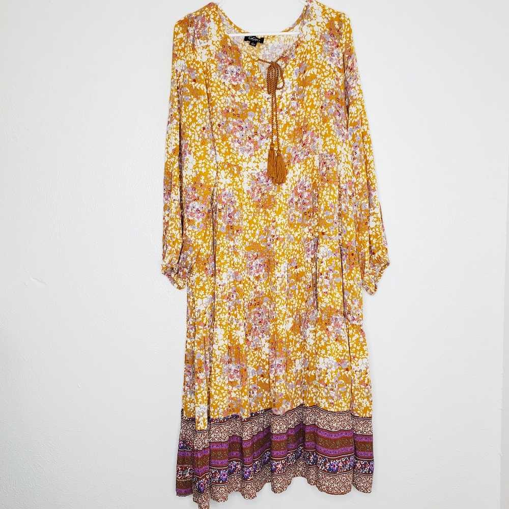 GiGiO Mustard Boho Floral Maxi Dress Size L